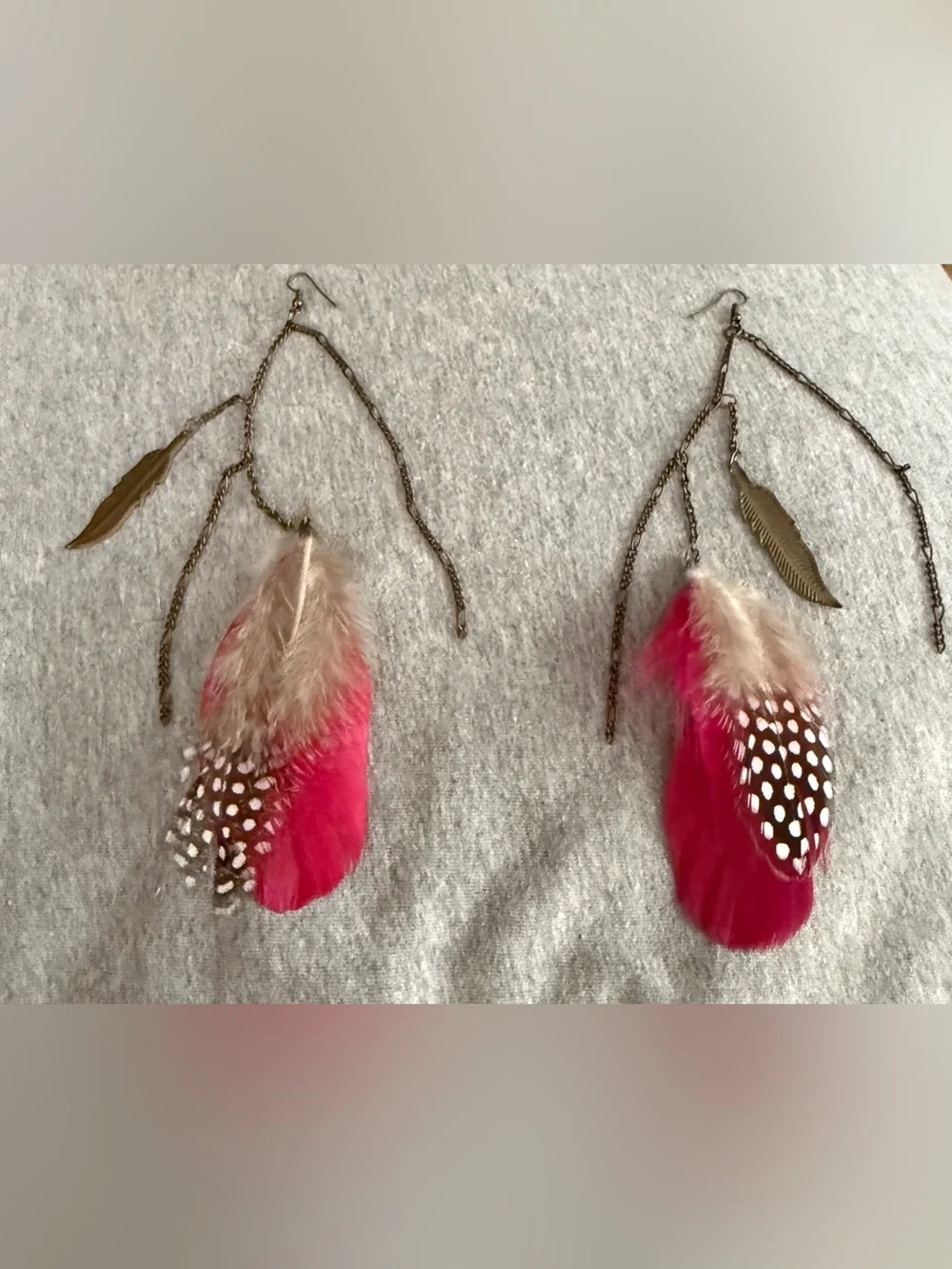 Boho Pink Feather Drop Earrings with Brass Leaf